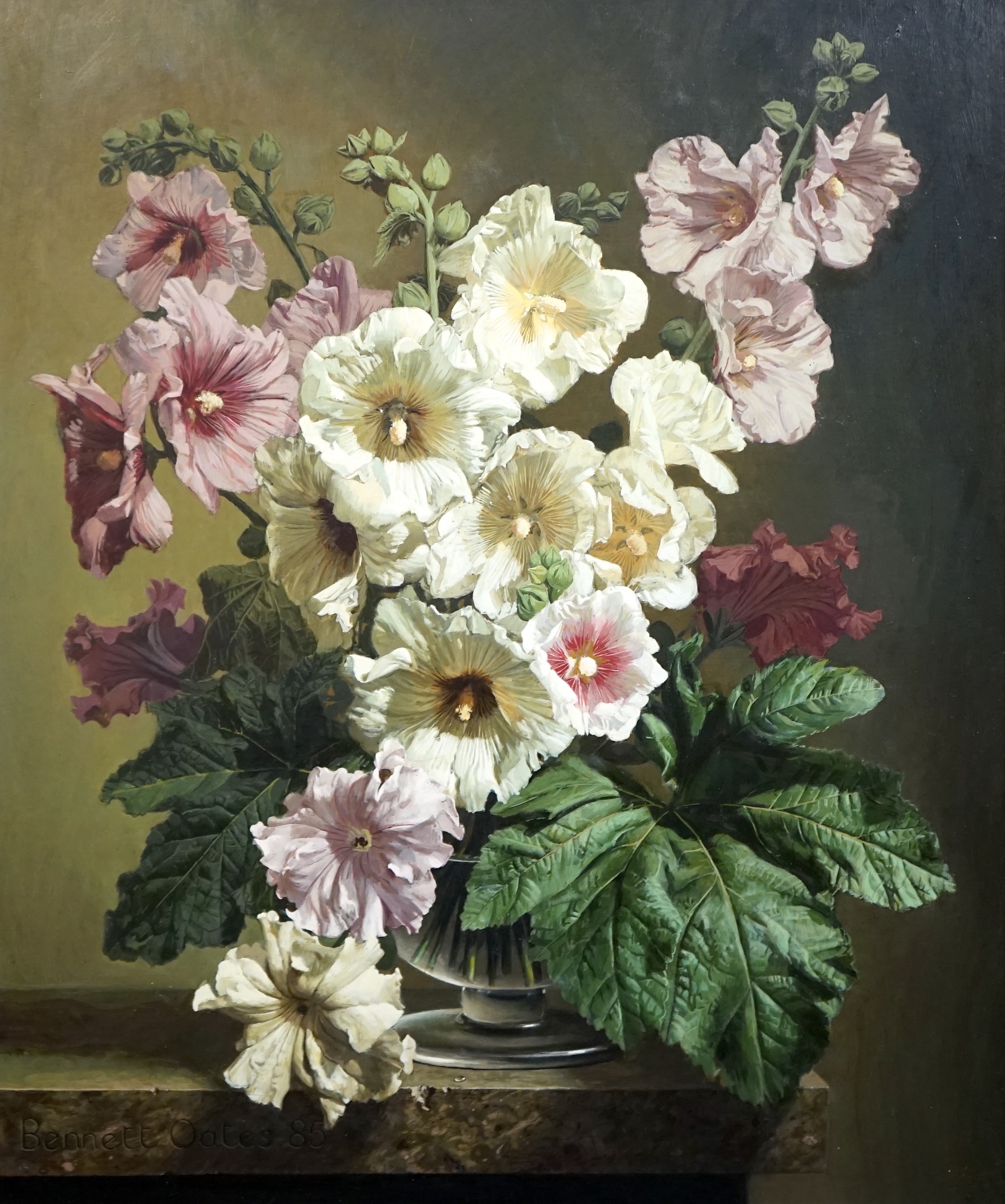 Bennett Oates (1928-2009), 'Hollyhocks No.1', oil on board, 60 x 50cm